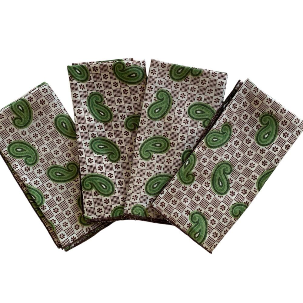 Set of 4 Retro Vintage MCM Fabric Napkins Brown Floral Green Paisley Cloth 16 in